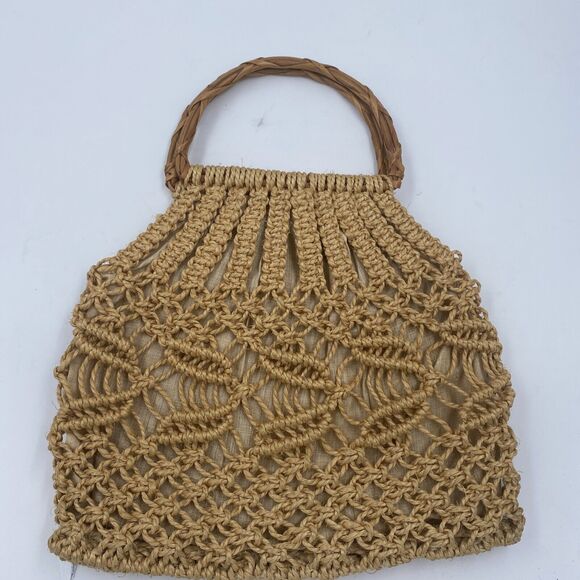 Woman crochet beige wooden handle beach tote Lined shoulder bag - Picture 2 of 4